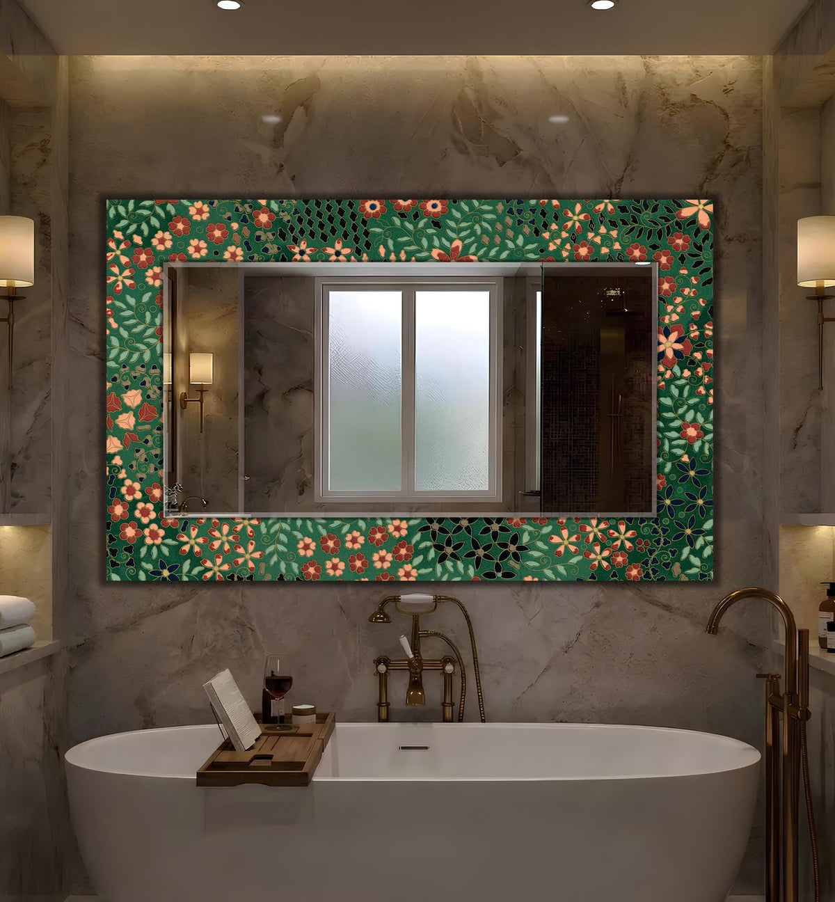 Floral Round Mirror, Green Retro Floral Art as Wall Mirror