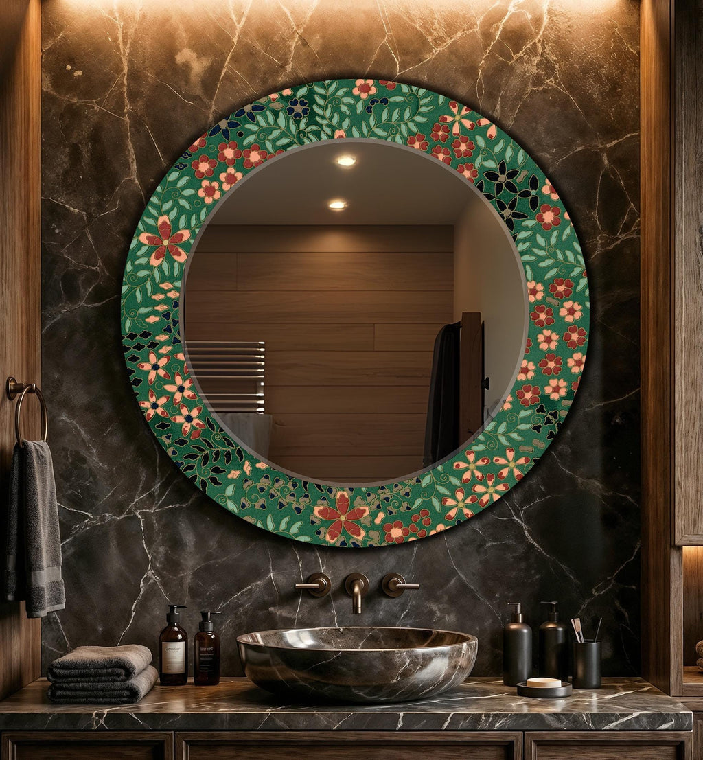 Floral Full Length Mirror, Green Retro Floral Texture Wall Mirror - With Shape Variations