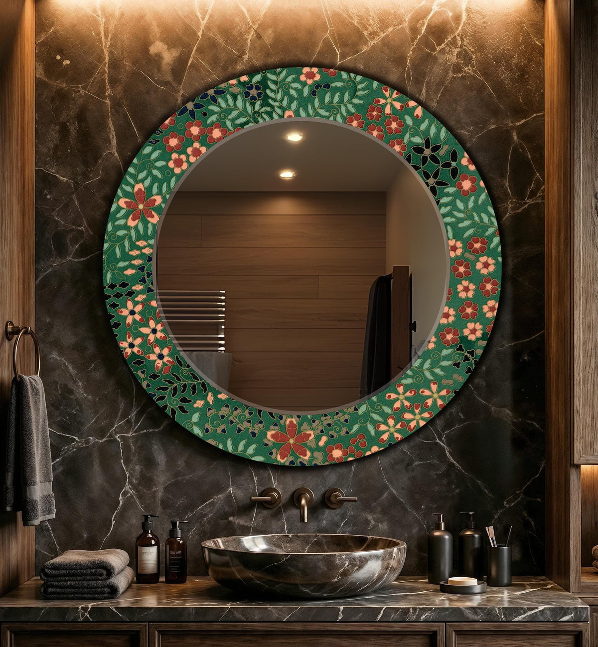 Floral Full Length Mirror, Green Retro Floral Texture Wall Mirror - With Shape Variations