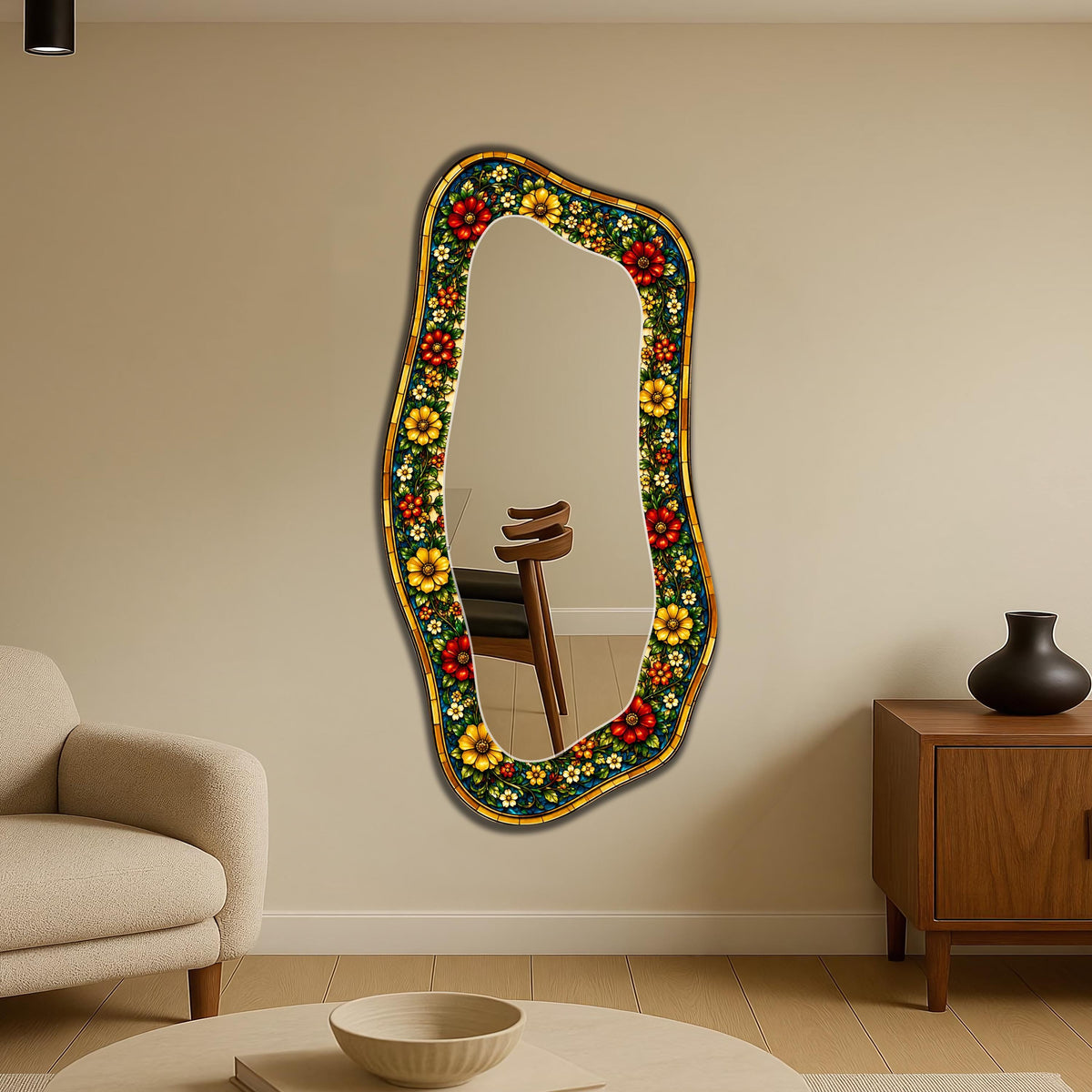Irregular Wall Mirror, Mosaic Floral Texture Asymmetric Mirror