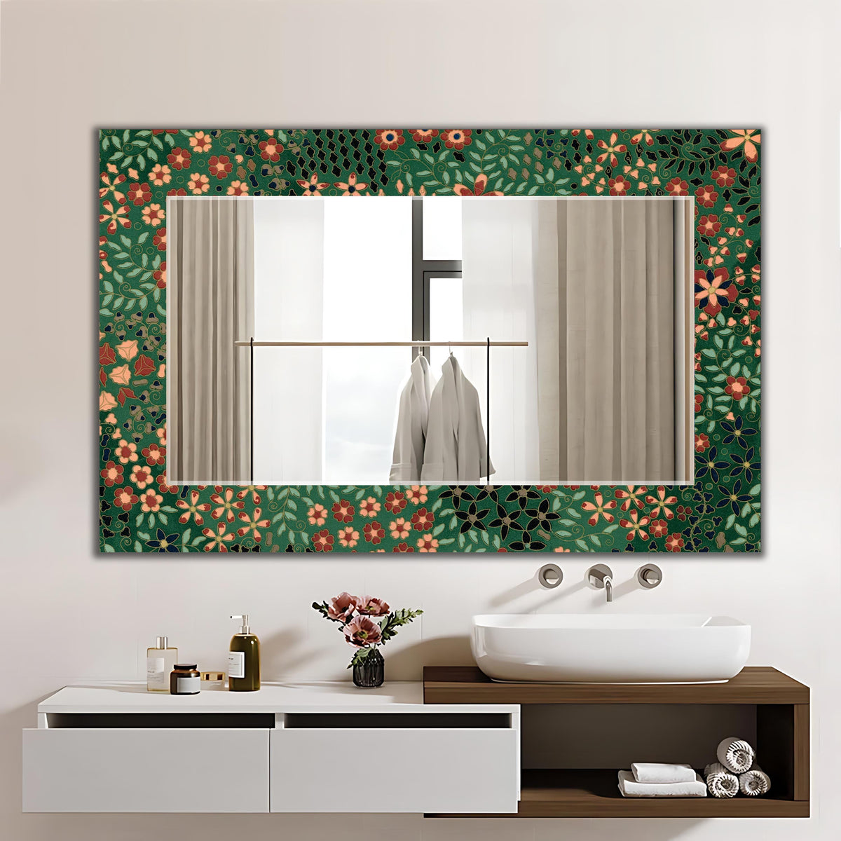Floral Full Length Mirror, Green Retro Floral Texture Wall Mirror - With Shape Variations