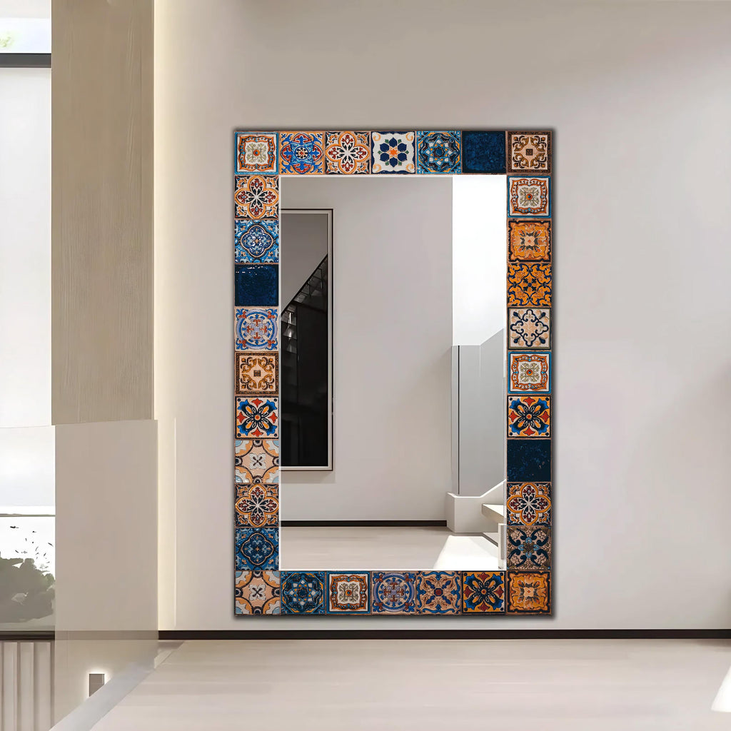 Geometric Wall Mirror, Persian Tile Texture Glass Wall Art as Large Mirror