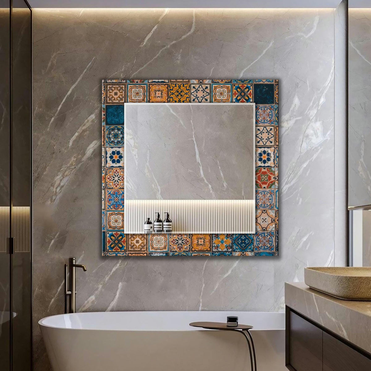 Geometric Wall Mirror, Persian Tile Texture Glass Wall Art as Large Mirror