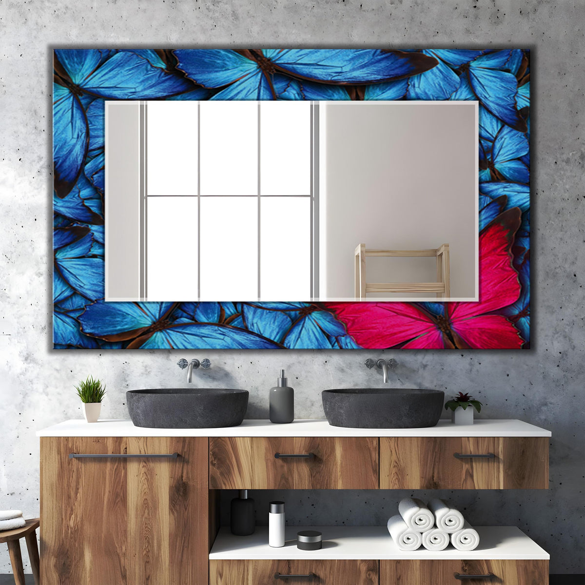 Round Wall Mirror, Blue and Pink Abstract Art as Mirror, Butterfly Mirror