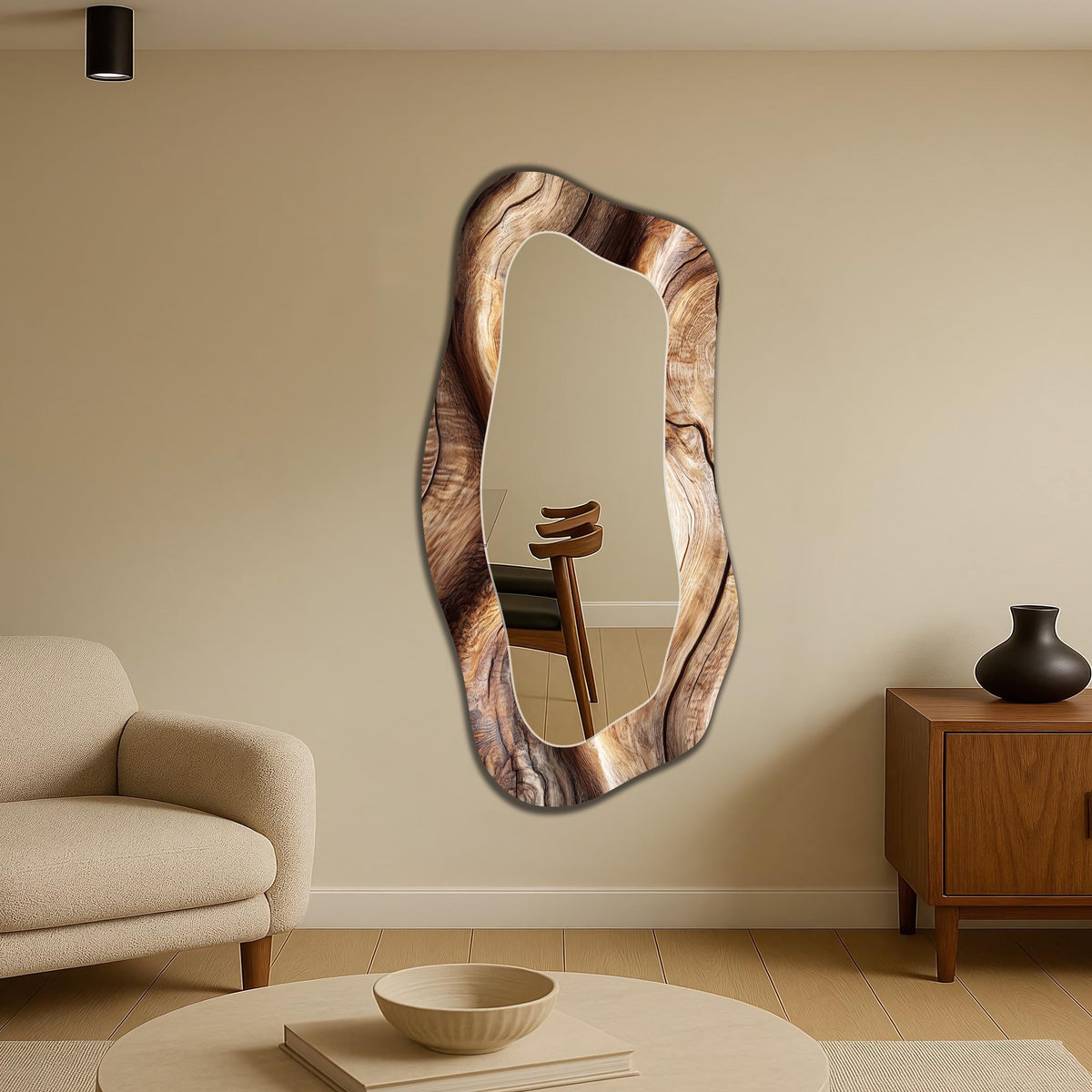 Asymmetrical Wall Mirror, Wooden Texture Irregular Mirror