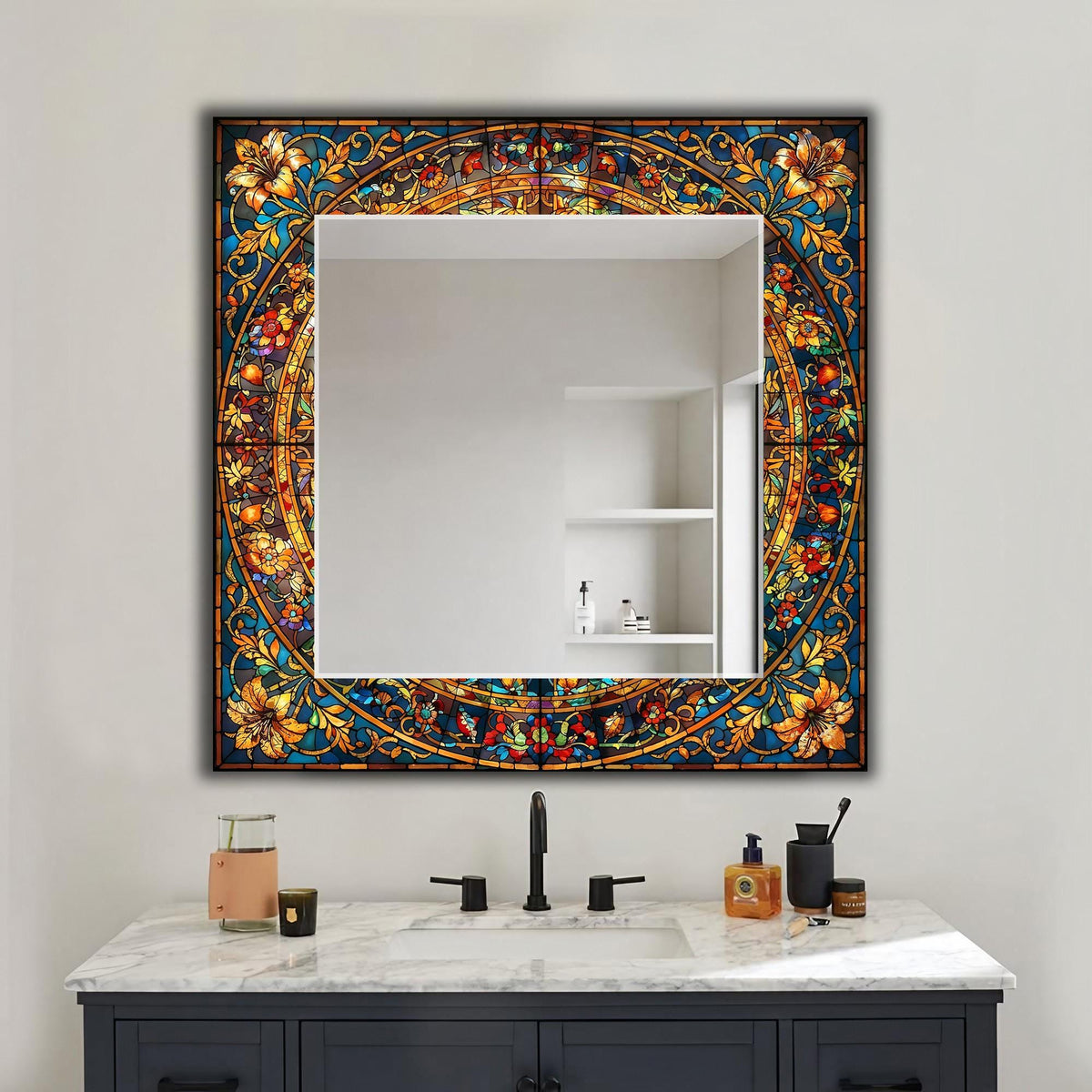 Decorative Wall Mirror, Stained Glass Texture Wall Mirror, Floral Luxury Mirror
