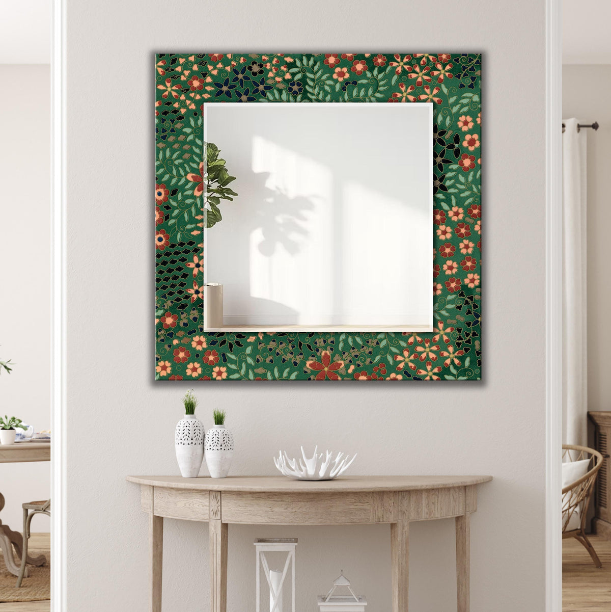 Floral Round Mirror, Green Retro Floral Art as Wall Mirror