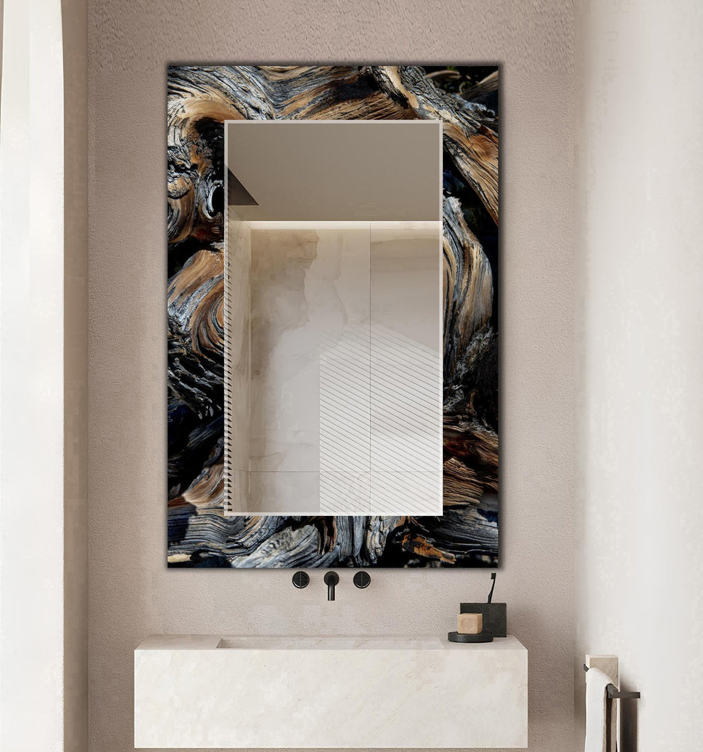 Large Abstract Wall Mirror, Wooden Wave Texture, Home Decor
