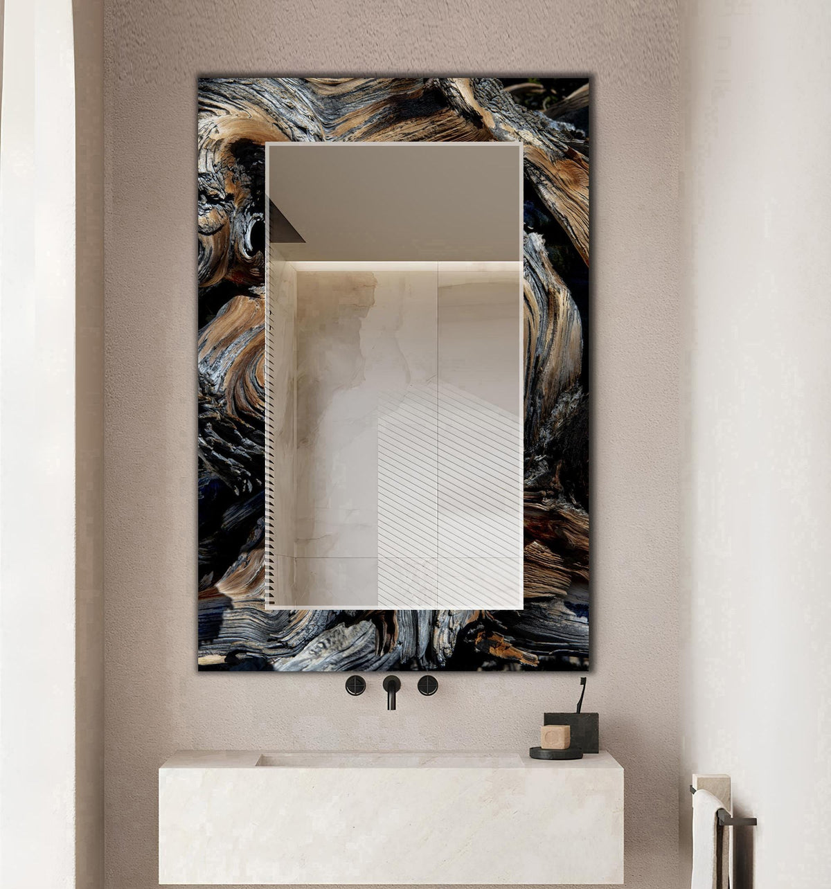 Large Abstract Wall Mirror, Wooden Wave Texture, Home Decor