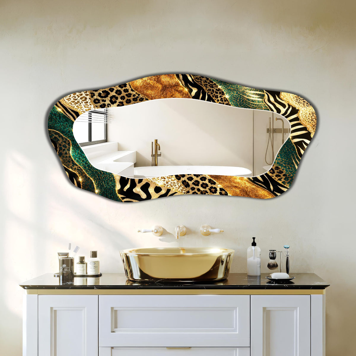 Asymmetrical Wall Mirror, Gold Leopard Zebra Pattern Abstract Art as Irregular Mirror