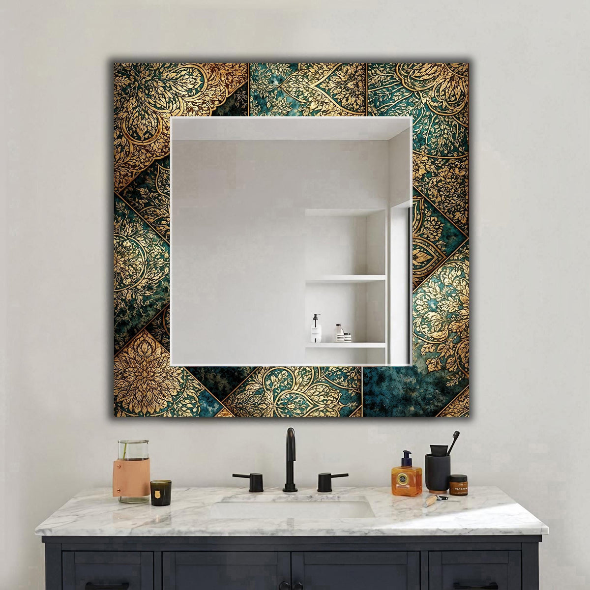 Decorative Wall Mirror, Green and Gold Mandala Texture Mirror - With Shape Variations