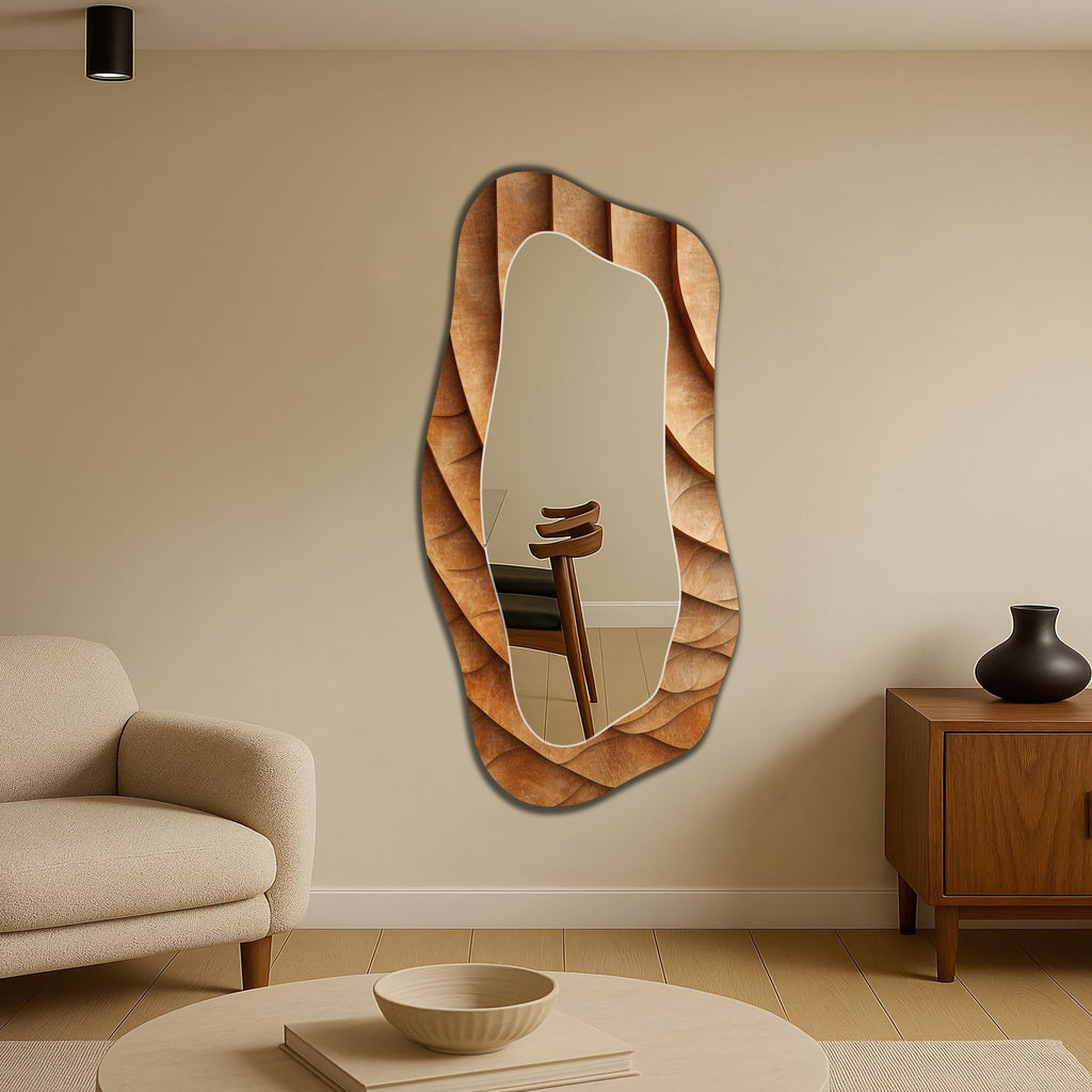 Asymmetrical Wall Mirror, Wodden Wave Texture Irregular Mirror, Boho Home Decor