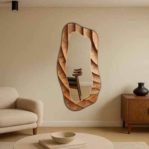 Asymmetrical Wall Mirror, Wodden Wave Texture Irregular Mirror, Boho Home Decor