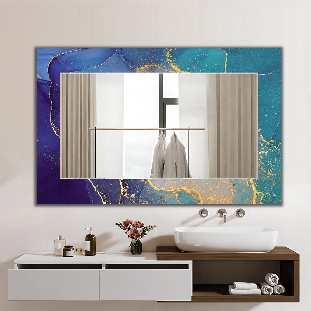 Decorative Round Mirror, Blue Gold Veined Ocean Marble Art as Mirror