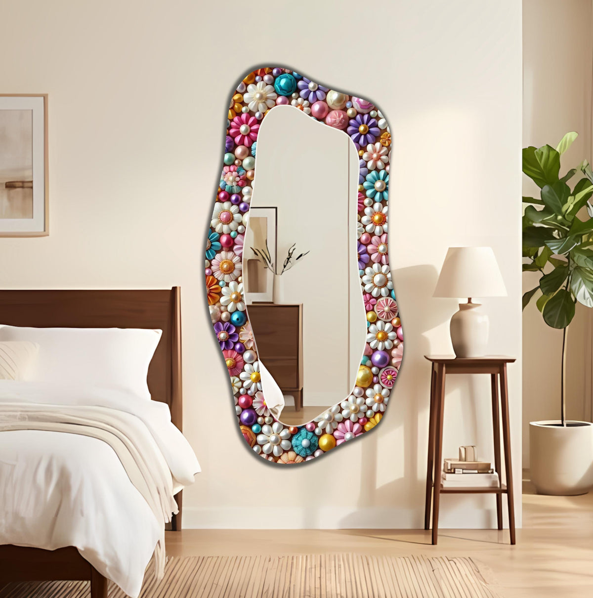 Irregular Full Length Mirror, Floral Glass Art as Organic Mirror