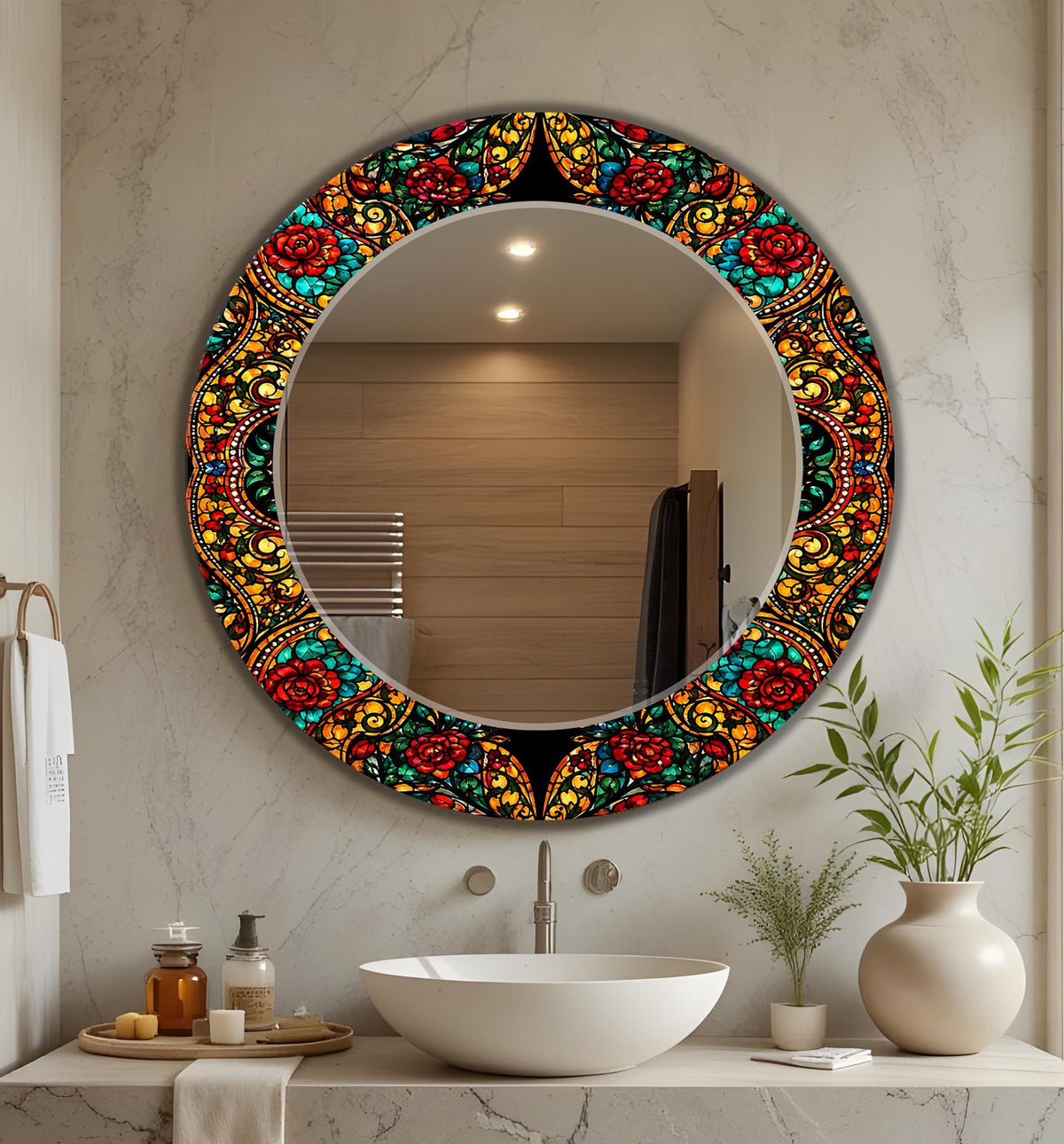 Decorative Full Length Mirror, Mandala Texture Glass Wall Art as Mirror
