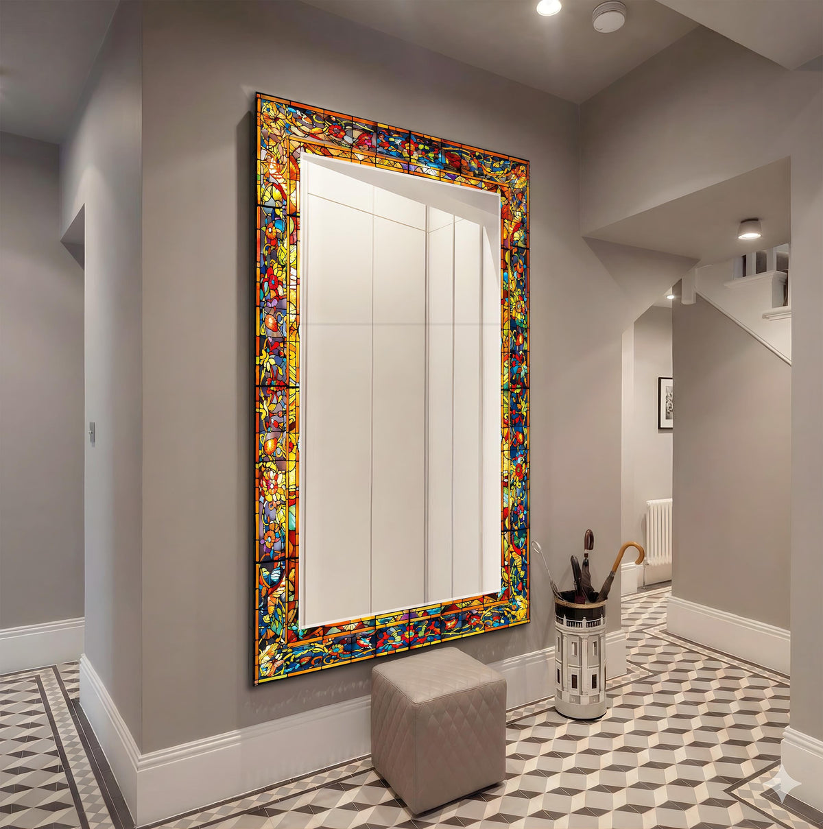 Decorative Wall Mirror, Stained Glass Texture Wall Mirror, Floral Luxury Mirror