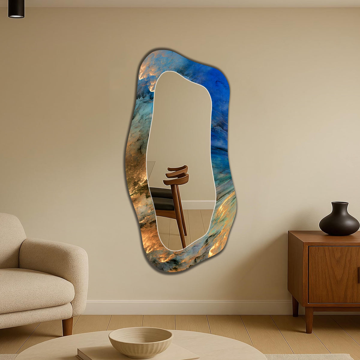Abstract Irregular Wall Mirror, Gold Blue Cosmic Abstract Art as Mirror