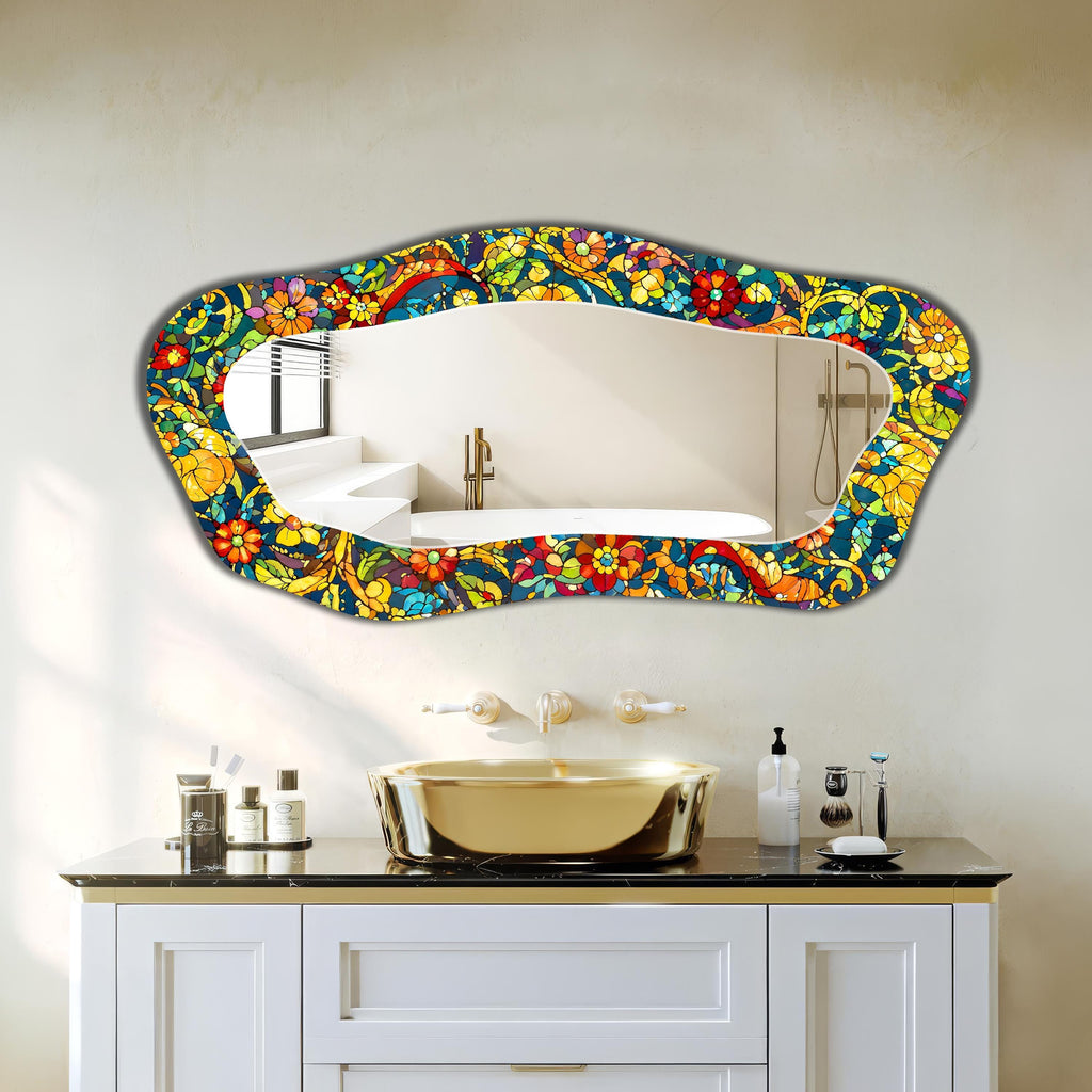 Asymmetric Wall Mirror, Stained Glass Floral Abstract Art as Irregular Full Length Mirror