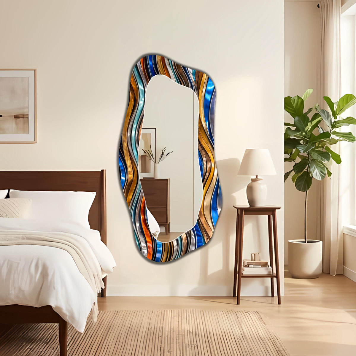 Asymmetrical Wall Mirror, Organic Metal Wave Abstract Art as Wall Mirror