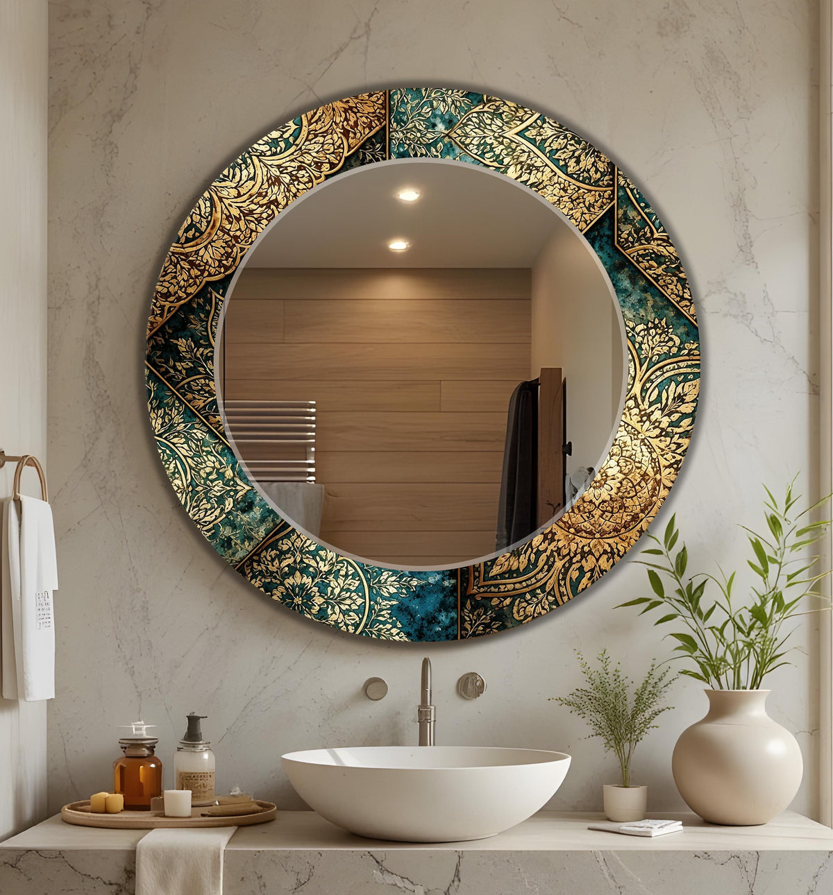 Decorative Wall Mirror, Green and Gold Mandala Texture Mirror - With Shape Variations