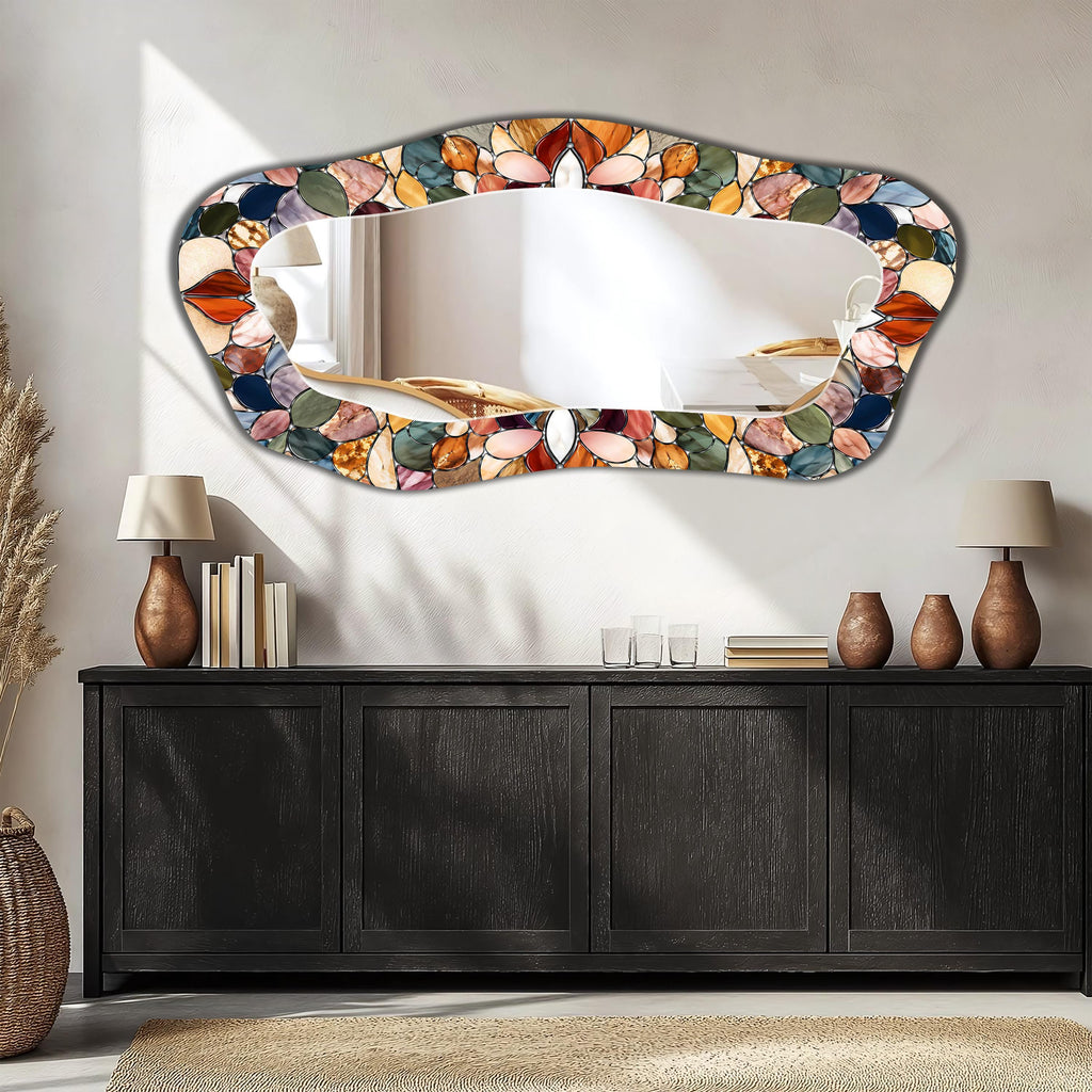 Asymmetric Wall Mirror, Stained Glass as Mirror, Mosaic Pattern Floral Full Length Mirror