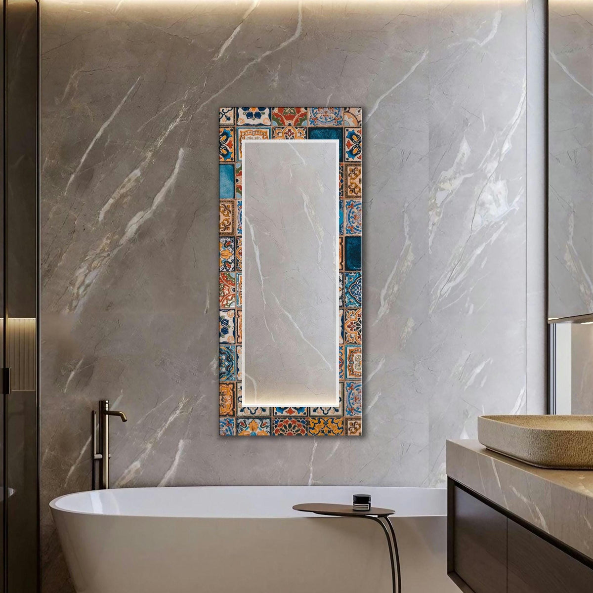 Geometric Wall Mirror, Persian Tile Texture Glass Wall Art as Large Mirror