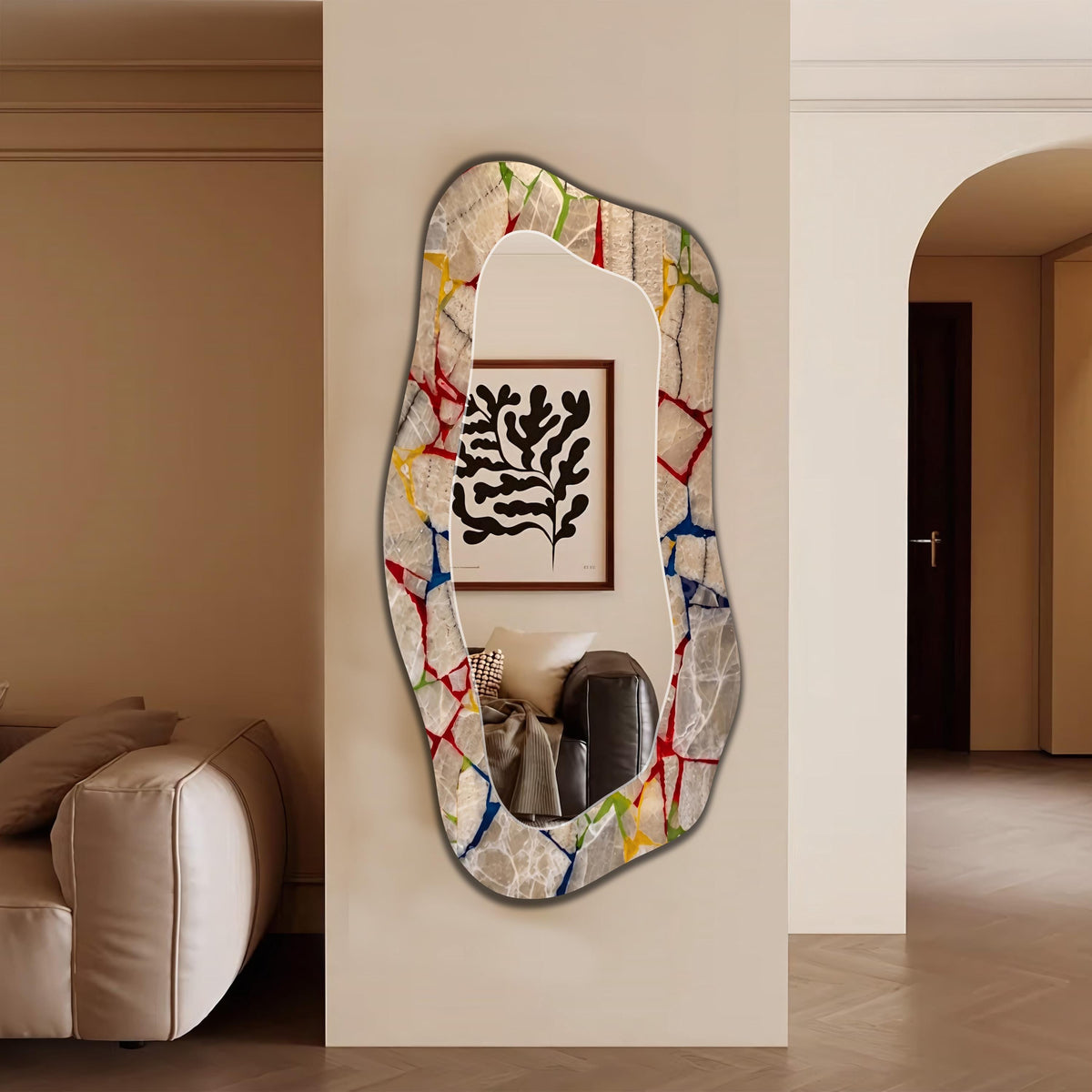 Irregular Marble Wall Mirror, Kintsugi Textured Marble Glass Art as Organic Mirror