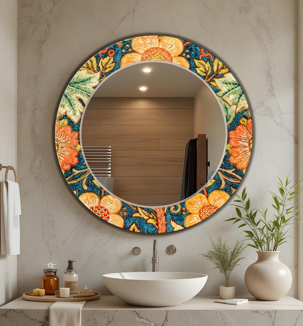 Orange Color Abstract Wall Art as Mirror, Handwoven Texture Round Mirror