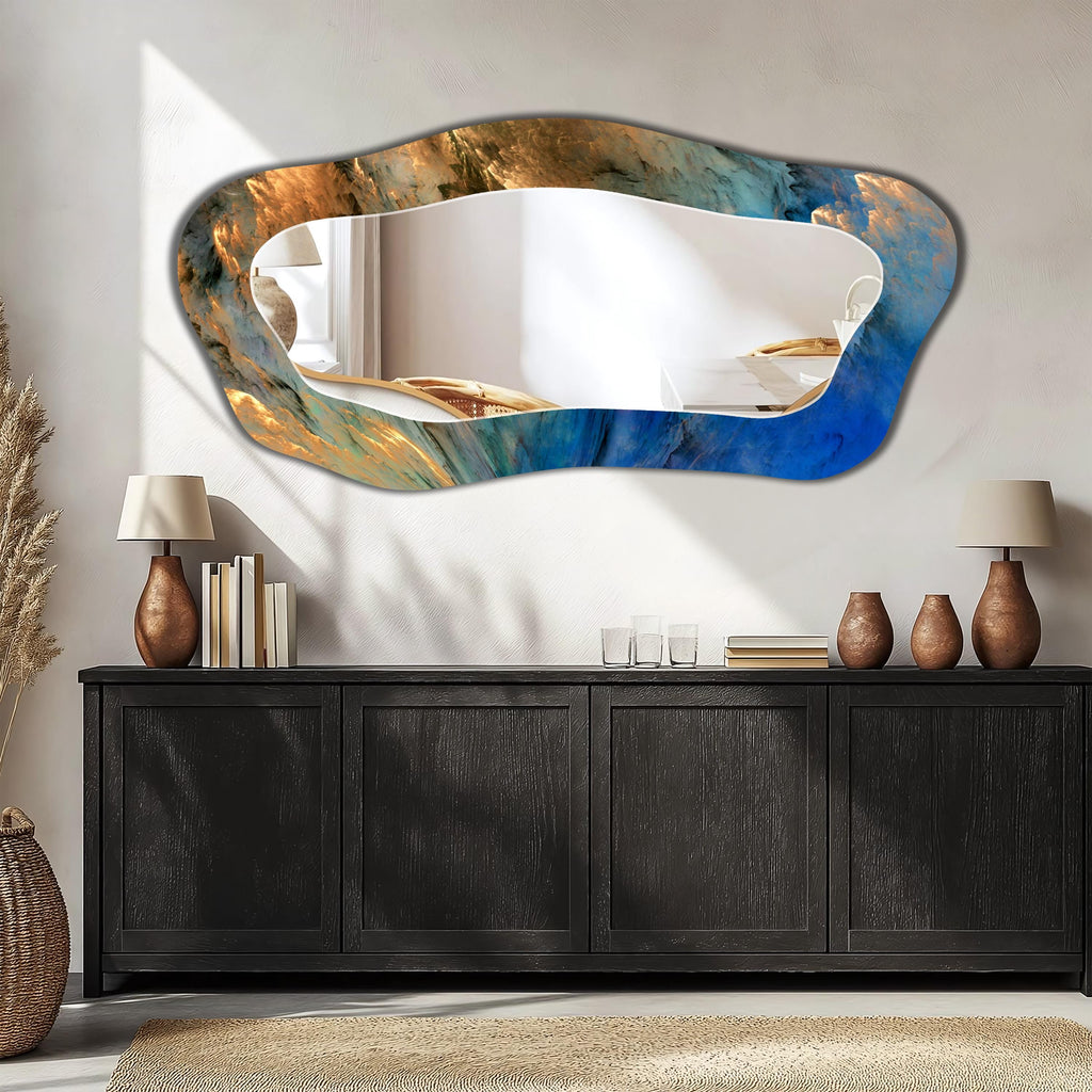 Abstract Irregular Wall Mirror, Gold Blue Cosmic Abstract Art as Mirror