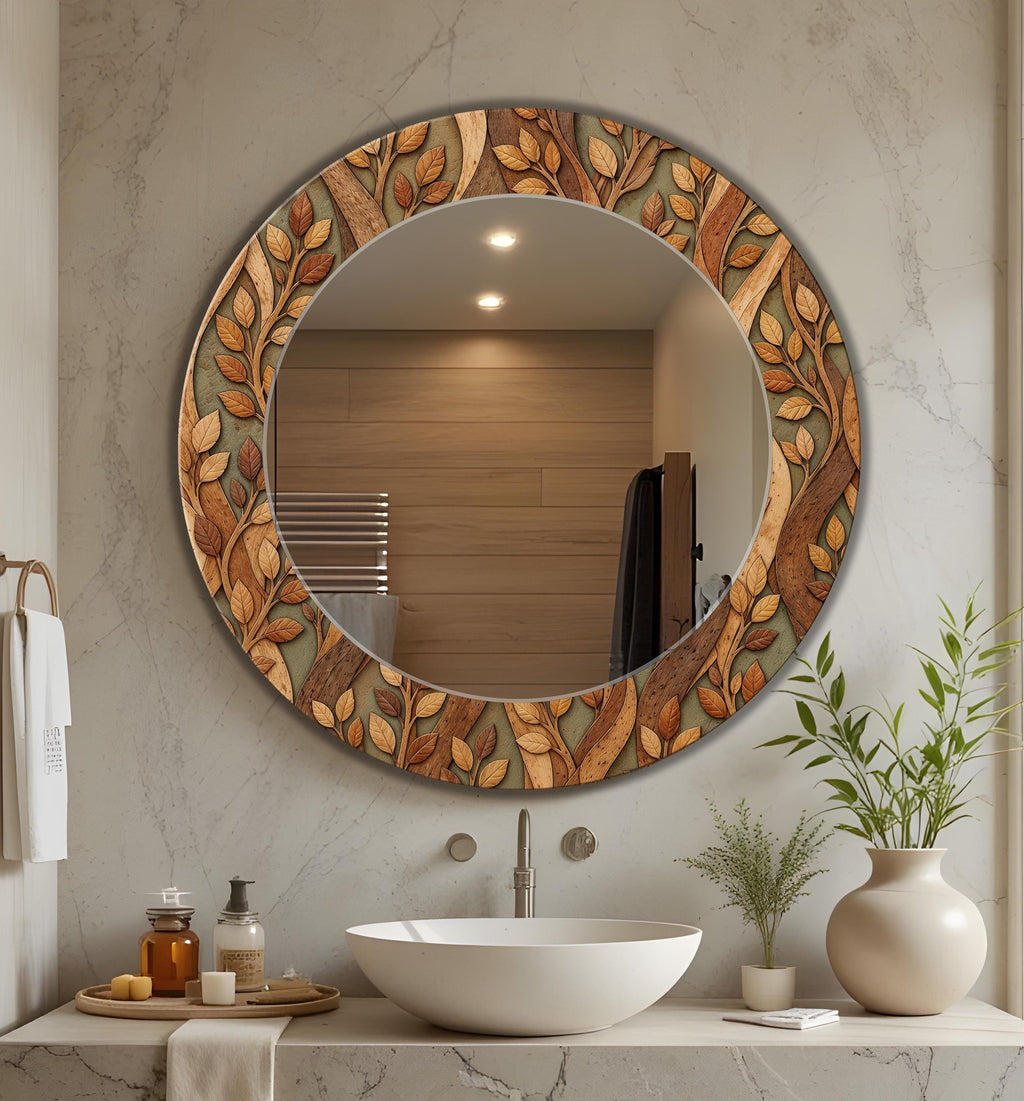 Decorative Wall Mirror, Wooden Texture Glass Wall Art as Mirror
