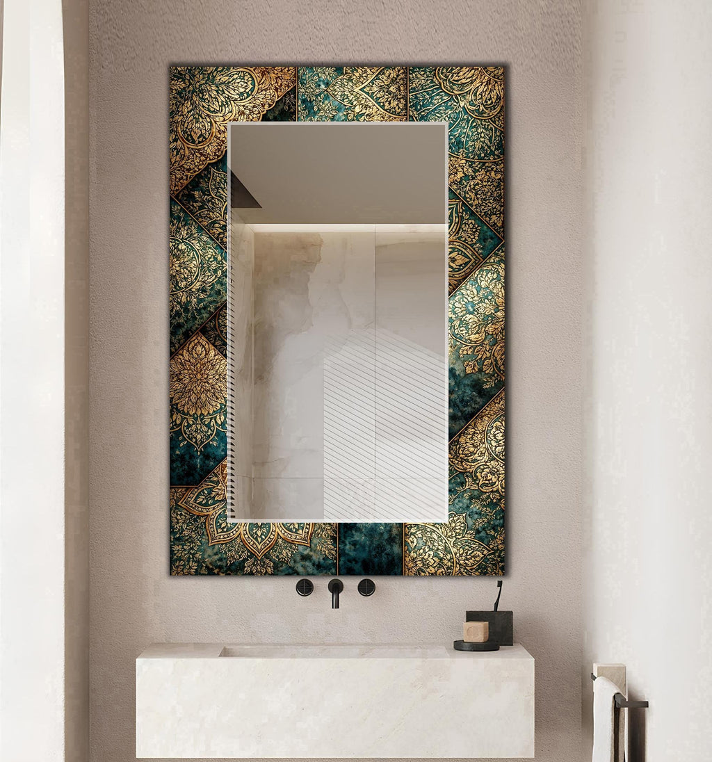 Decorative Wall Mirror, Green and Gold Mandala Texture Mirror - With Shape Variations