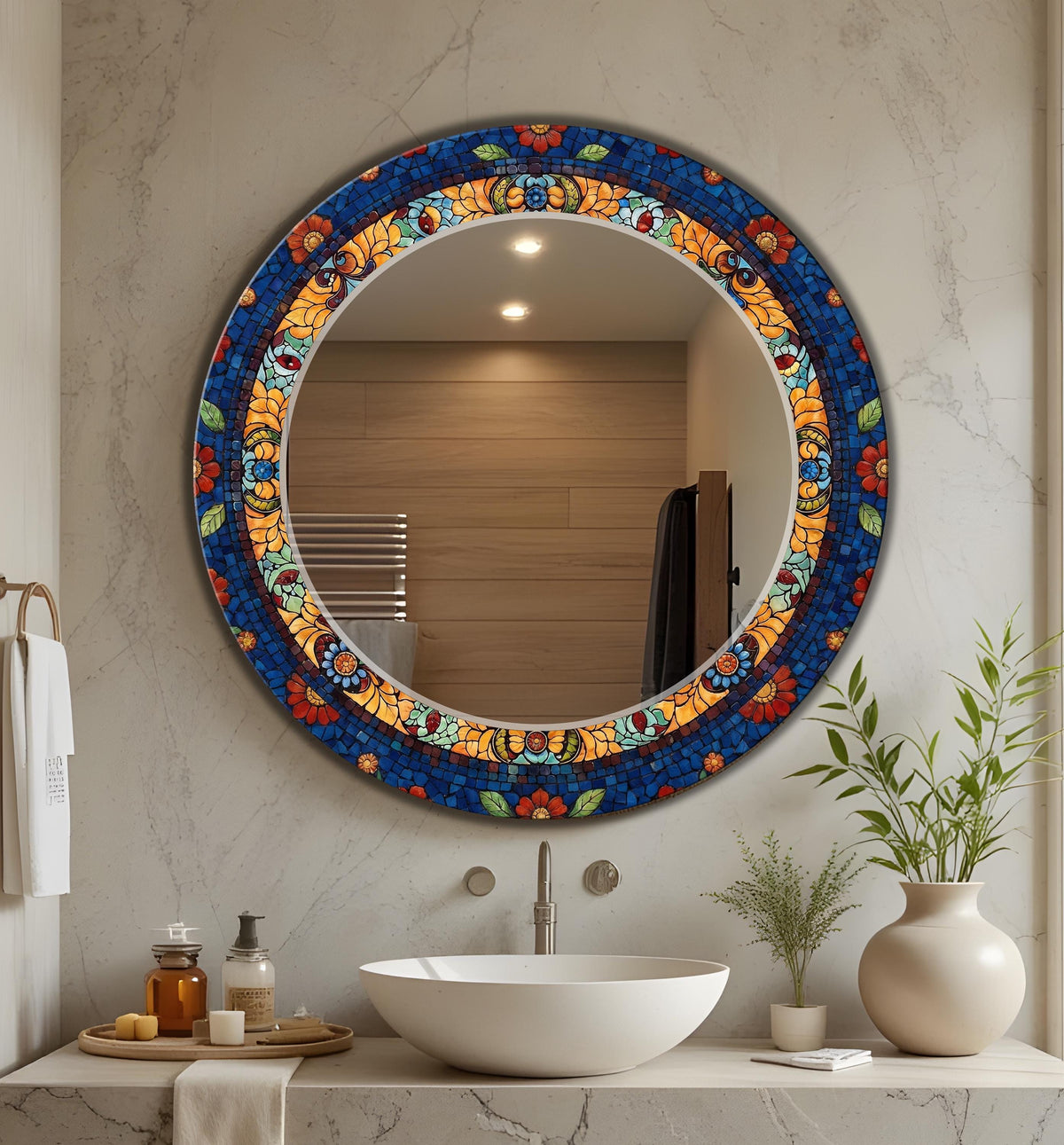 Round Wall Mirror, Luxury Red and Gold Mosaic Pattern Glass Art as Round Mirror