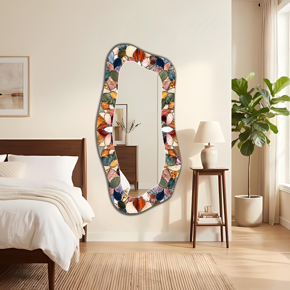 Asymmetric Wall Mirror, Stained Glass as Mirror, Mosaic Pattern Floral Full Length Mirror