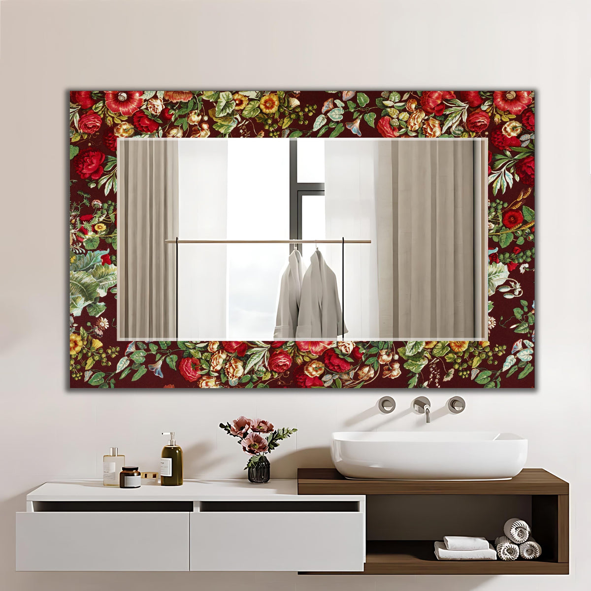 Decorative Wall Mirror, Red Floral Tempered Glass Round Frameless