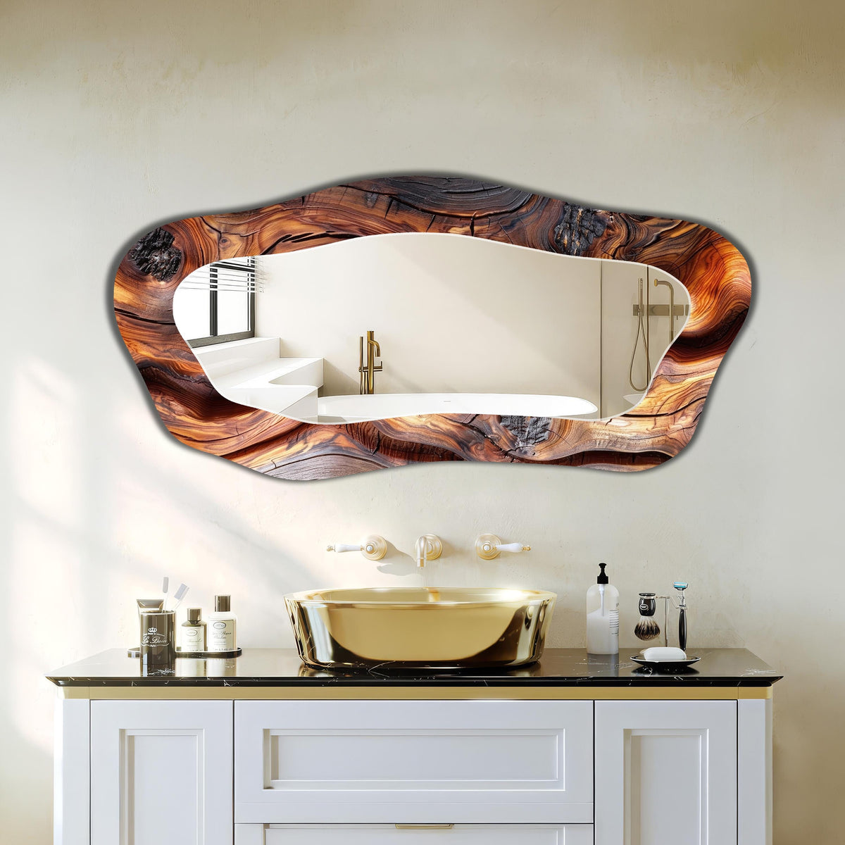 Wall Mirror Asymmetrical Full Length Wall Mirror, Wooden Texture Wall Mirror