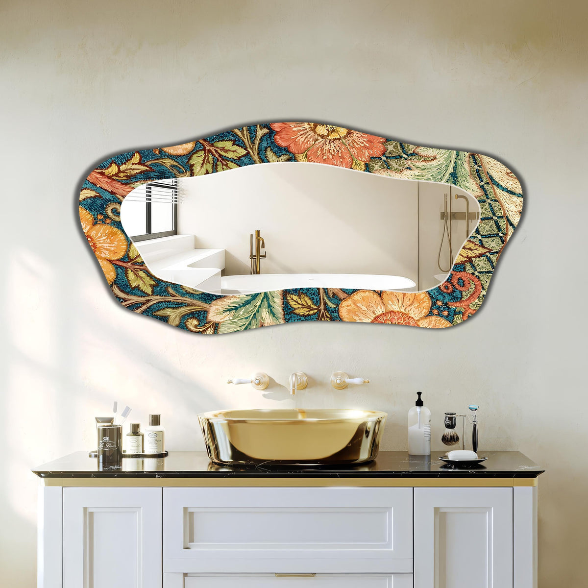 Irregular Wall Mirror, Handwoven Floral Texture Wall Art as Mirrora