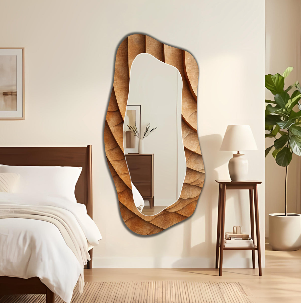 Asymmetrical Wall Mirror, Wodden Wave Texture Irregular Mirror, Boho Home Decor