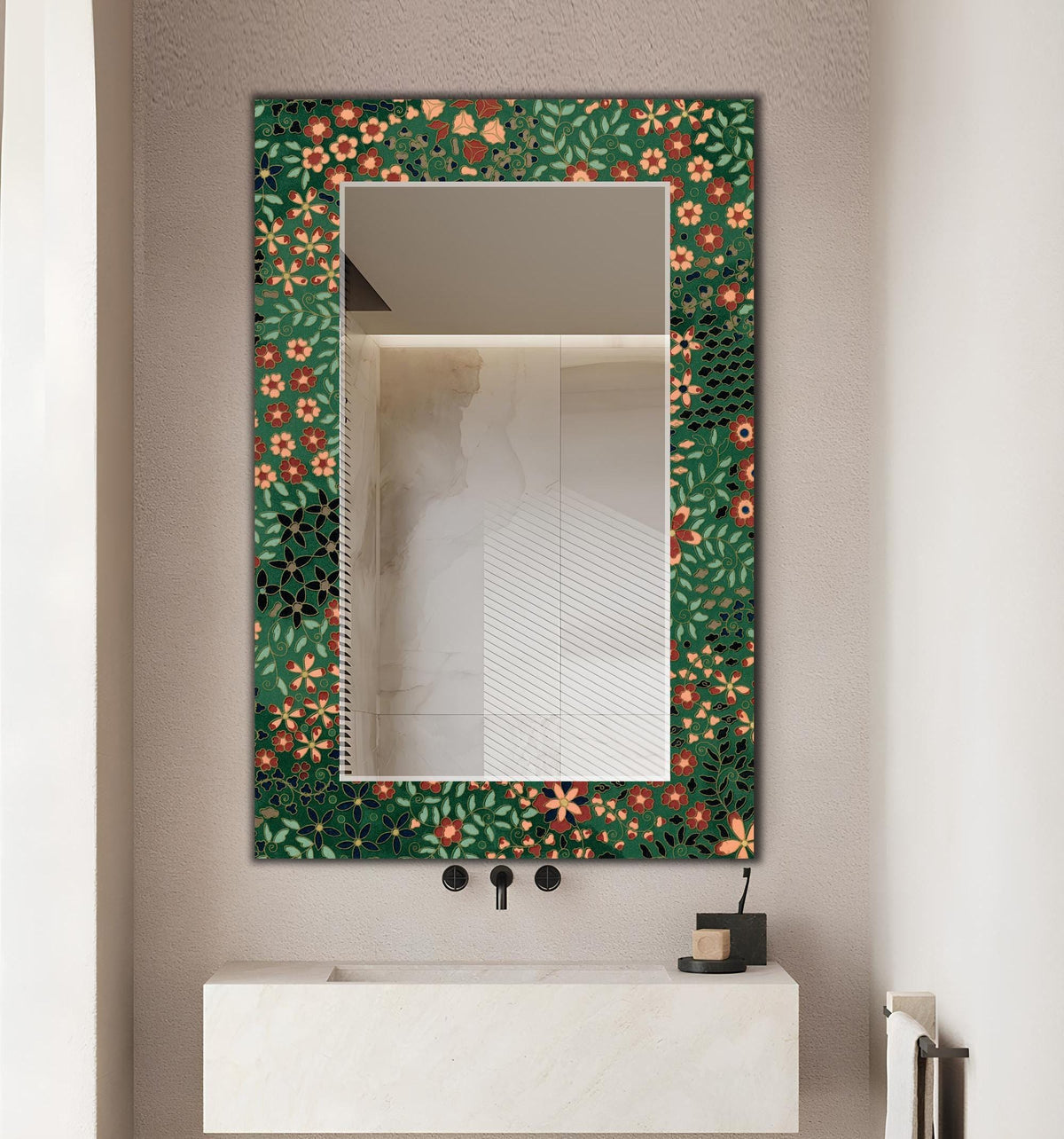 Floral Round Mirror, Green Retro Floral Art as Wall Mirror