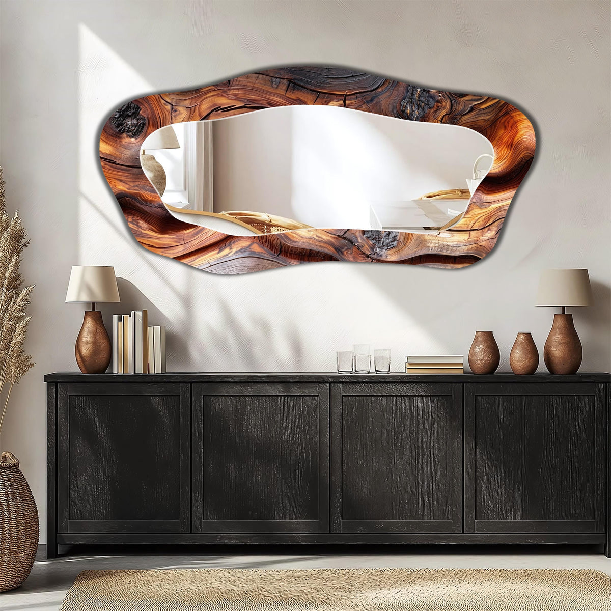 Wall Mirror Asymmetrical Full Length Wall Mirror, Wooden Texture Wall Mirror