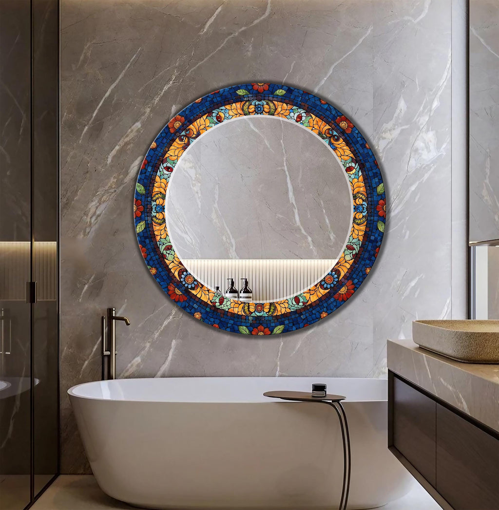 Round Wall Mirror, Luxury Red and Gold Mosaic Pattern Glass Art as Round Mirror
