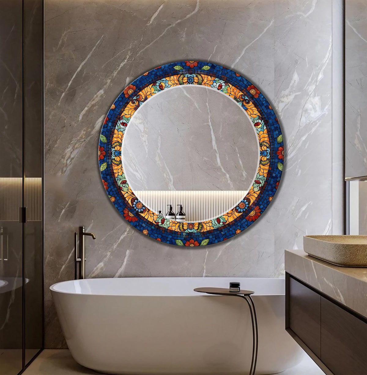 Round Wall Mirror, Luxury Red and Gold Mosaic Pattern Glass Art as Round Mirror