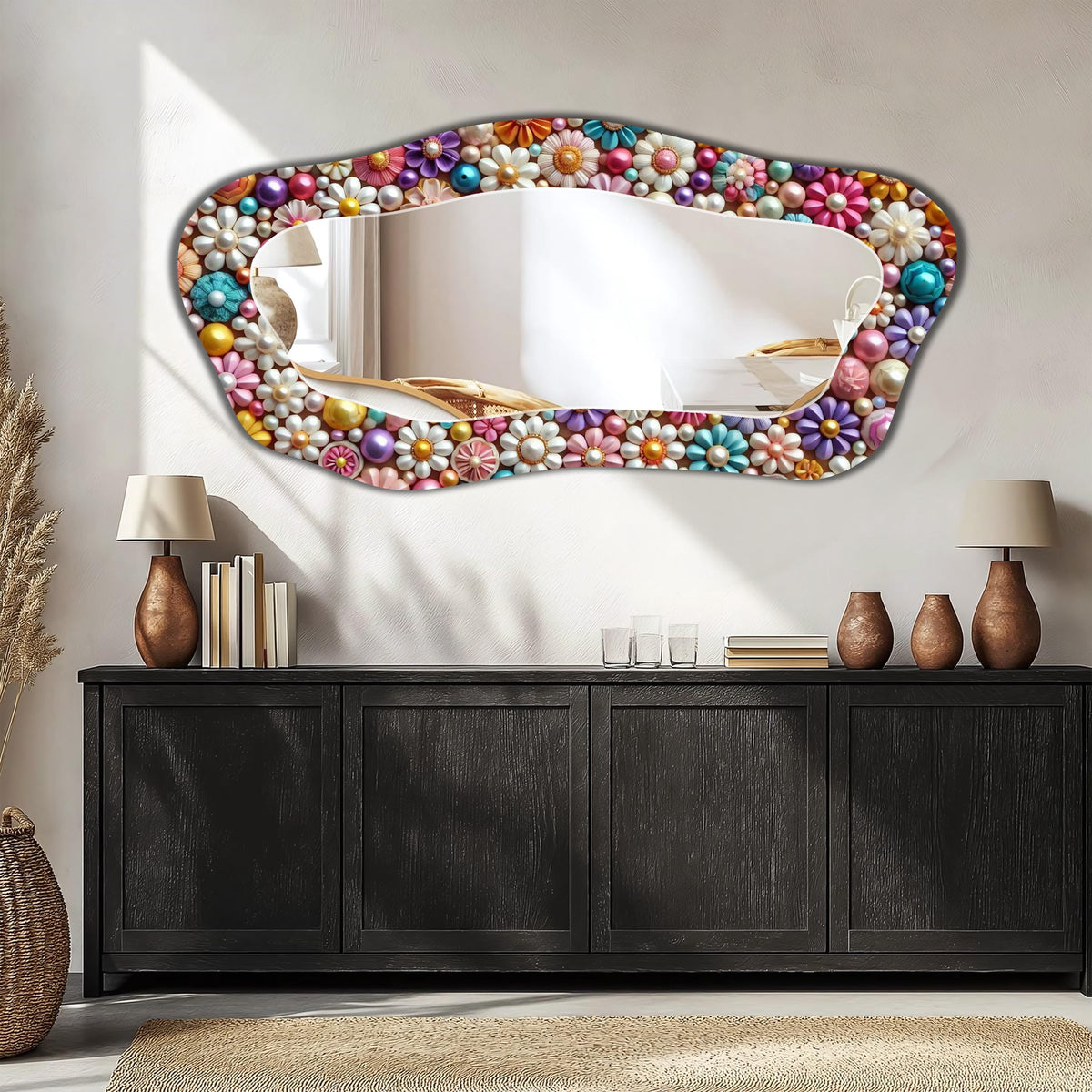 Floral Wall Mirror, Colorful UV Glass Backed Frameless Ready Hang