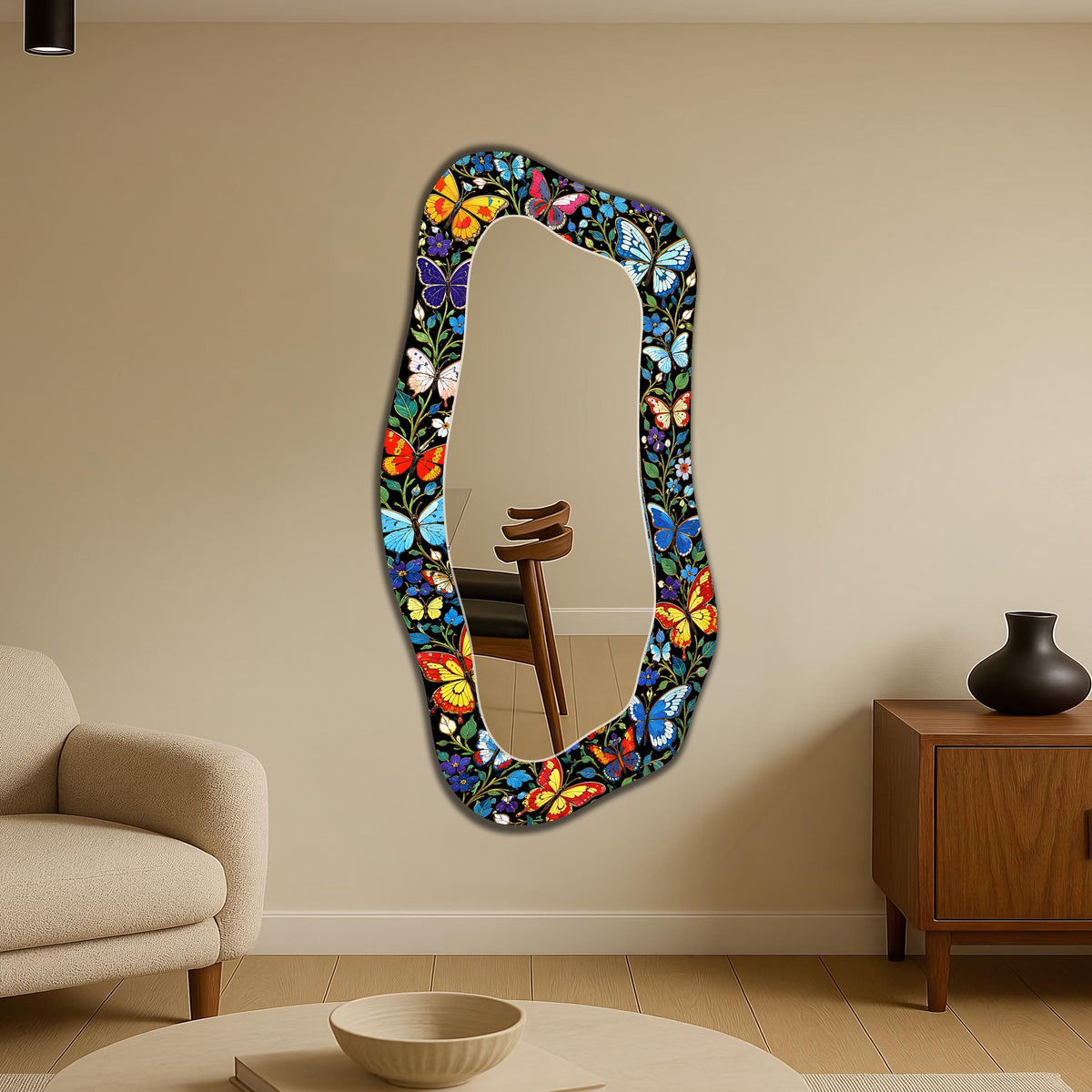 Irregular Butterfly Wall Mirror, Asymmetric Mosaic Pattern Full Length Organic Mirror
