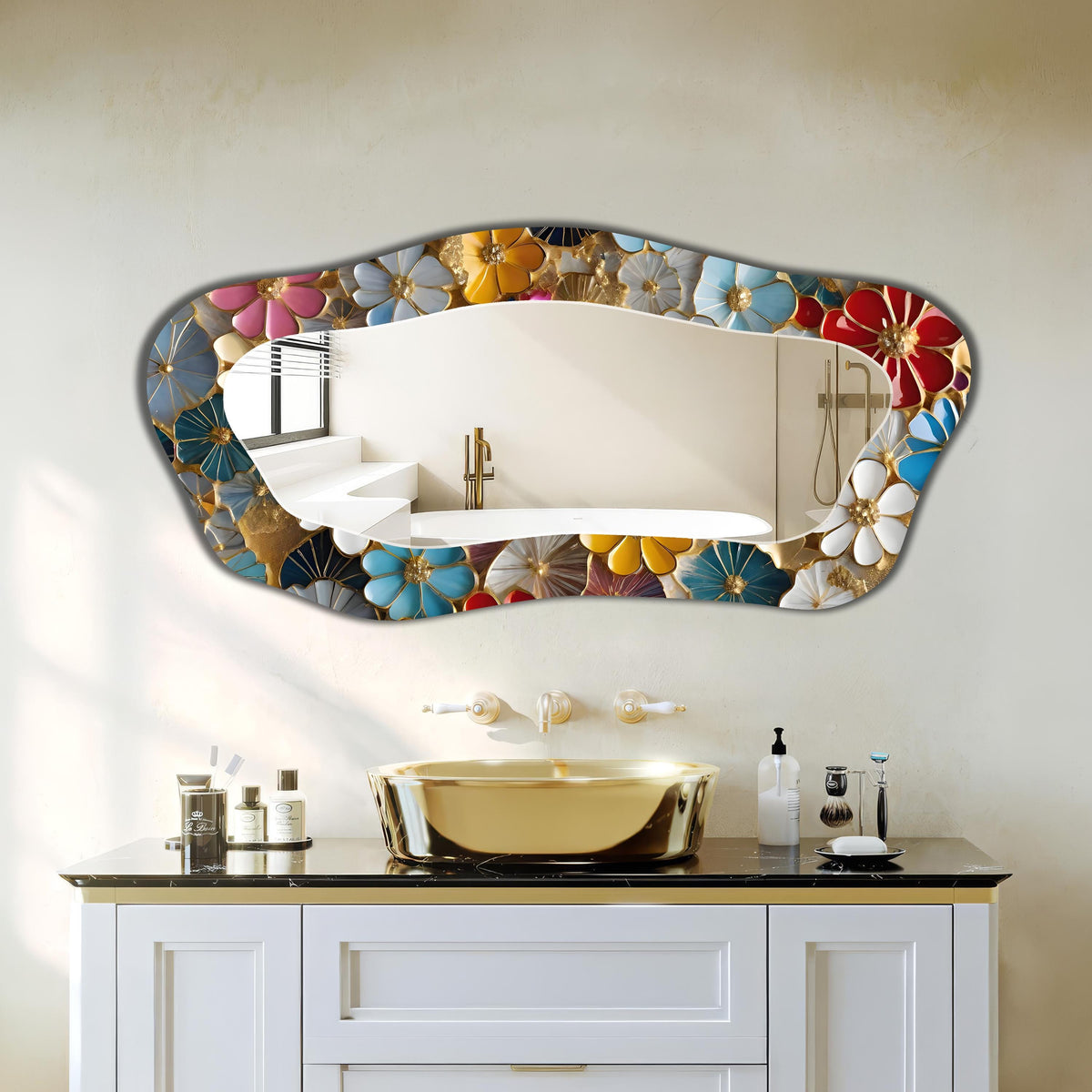Irregular Full Length Mirror, Floral Glass Art as Organic Mirror