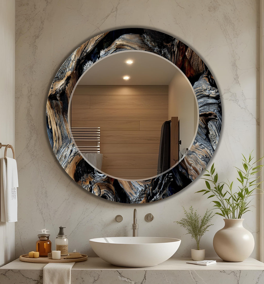 Abstract Wood Wall Mirror, Wavy Wooden Pattern Glass Art as Mirror