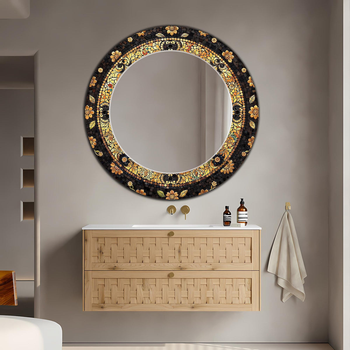 Round Wall Mirror, Luxury Red and Gold Mosaic Pattern Glass Art as Round Mirror