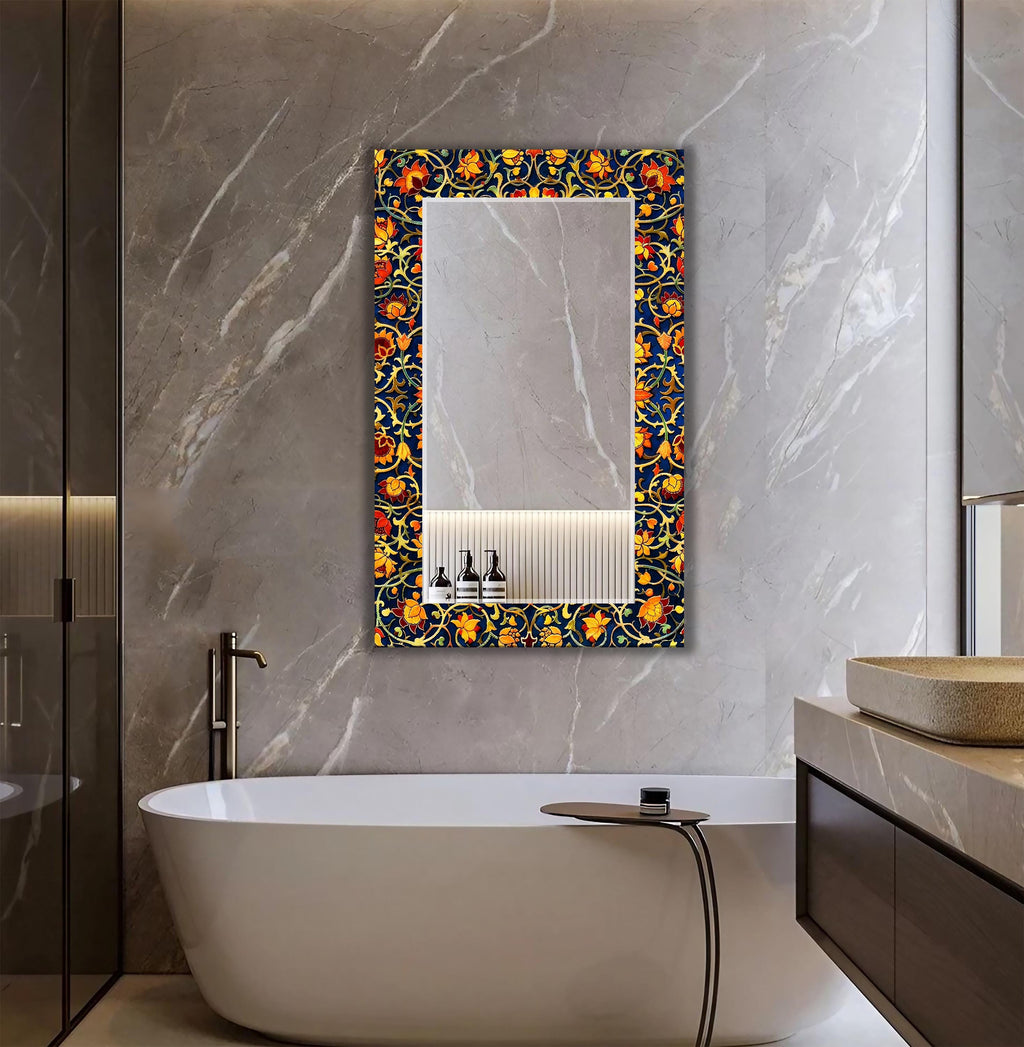 Persian Floral Wall Mirror, Red Abstract Square Mirror