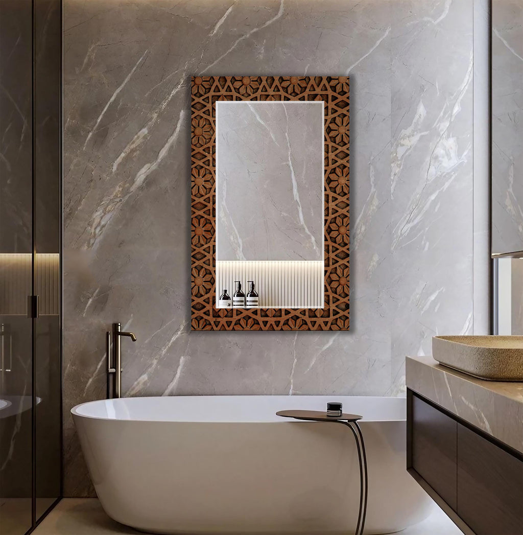 Mosaic Art as Wall Mirror, Brown Mosaic Floral Pattern Large Mirror