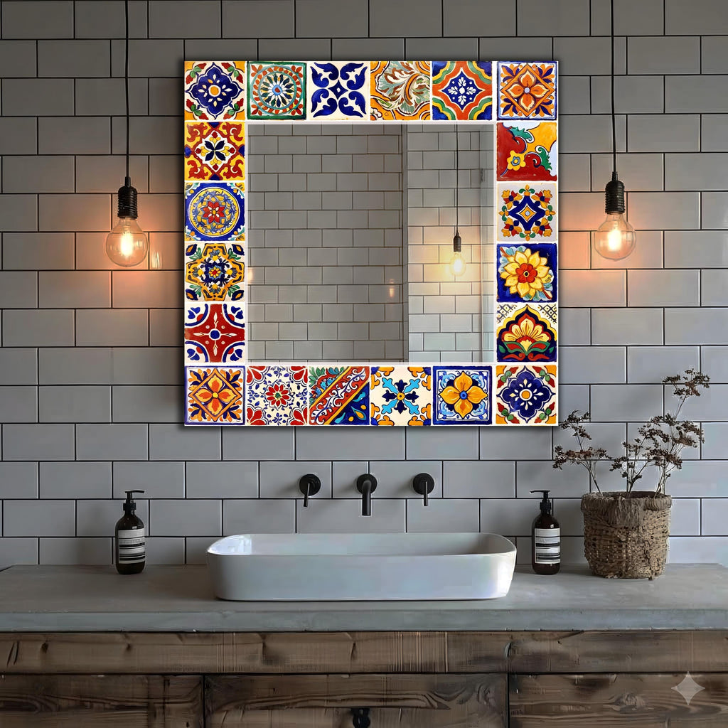 Floral Wall Mirror, Mexican Tile Wall Art as Full-Length Mirror, Tile Pattern Wall Art as Mirror
